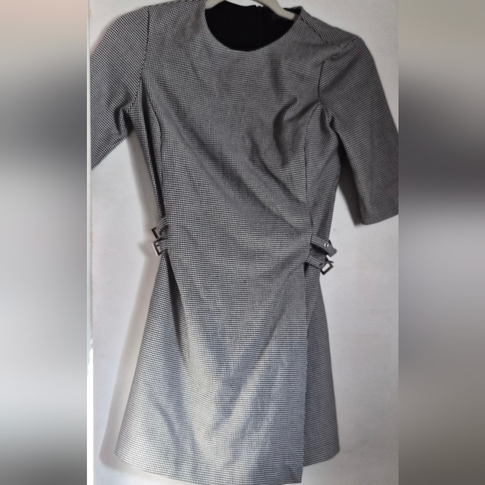 Zara Black and White Houndstooth Long Sleeve Dress